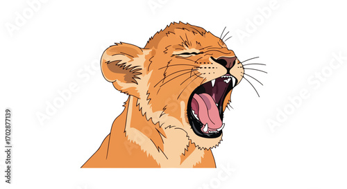 Animated Lion Cub Yawning with Expressive Features and Mouth Open, a Cartoon Depiction of a Feline with a Clear White Background