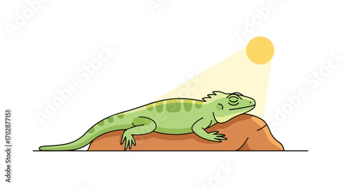 Animated depiction of a lizard resting peacefully under the warmth of the sun on a brown rock formation in daylight