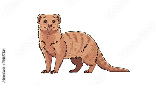 Charming illustration of a mongoose standing alert against a plain white background, capturing its inquisitive expression and distinctive striped