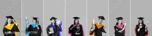 Set of graduating students on grey background
