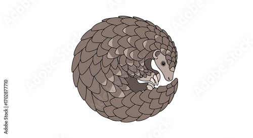 Isolated illustration of a curled-up pangolin with unique scales, emphasizing its distinct morphology and natural defense mechanisms for wildlife