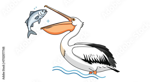 Cartoon pelican illustration with a fish ready to be eaten in a simple design and smooth colors for children's book or educational poster