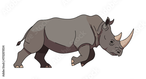 Cartoon rhinoceros strides powerfully across the frame with dynamic posture and bold outlines depicting wild animal in its natural habitat