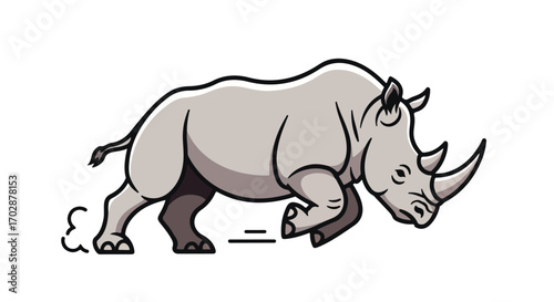 Stylized rhinoceros charging with dynamic motion lines, creating a playful animal mascot illustration suitable for children's media