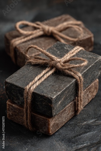 Handcrafted soap bars tied with natural twine on a dark background for rustic home decor and gifting