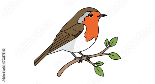 Cartoon robin perched on a branch with green leaves, illustration of a bird in a simple and endearing style isolated against a pristine white