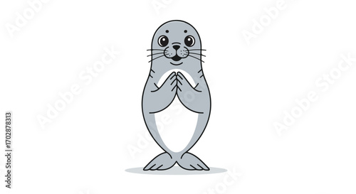 Charming cartoon seal character with clasped paws expressing gratitude and a friendly disposition for playful and engaging designs