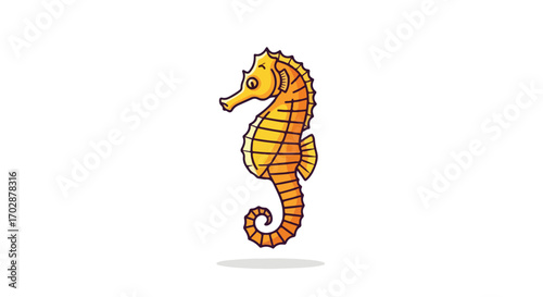Illustration of a charming yellow seahorse with detailed outlines floating on a white backdrop with gentle shadow projection
