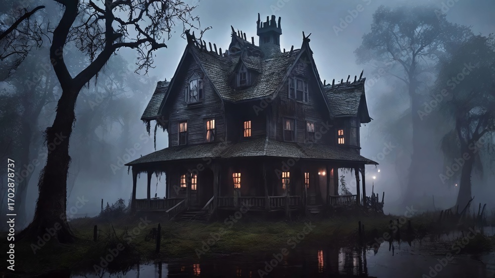 Obraz premium Foggy Swamp with Witch Cottage and Bats Halloween Background