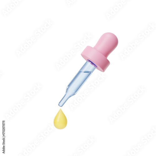 Pink dropper with blue liquid and yellow drop isolated on transparent background