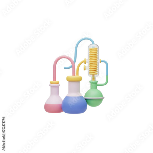 Colorful laboratory distillation apparatus with flasks and condenser isolated on transparent background