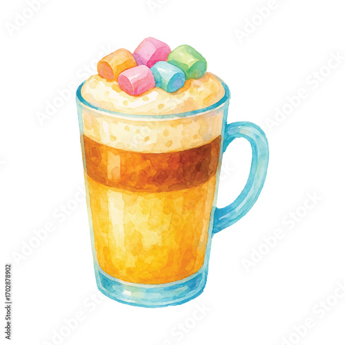 Watercolor Latte Coffee with Colorful Marshmallows Illustration