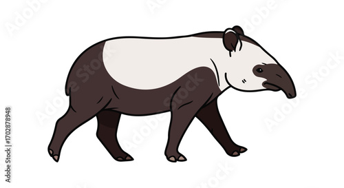 Cartoon depiction of a malayan tapir showcasing its distinctive coloration and simple form on white expanse ready for creative applications