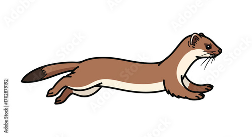 Cartoon Illustration of a Brown Stoat in Motion, Emphasizing its streamlined form and playful nature against a plain background