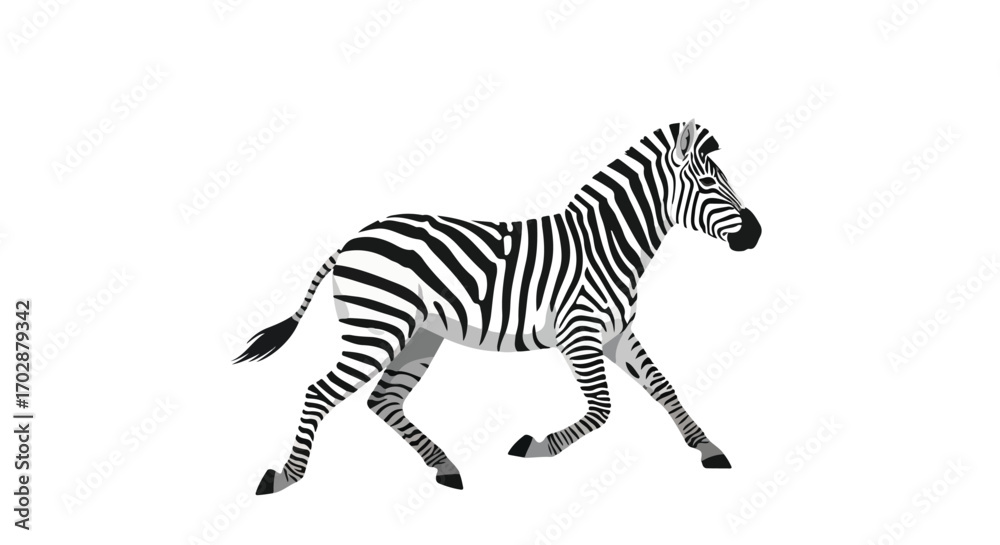 Fototapeta premium Striking zebra illustration showcasing its black and white stripes with a running action, simple background design displaying wildlife in motion