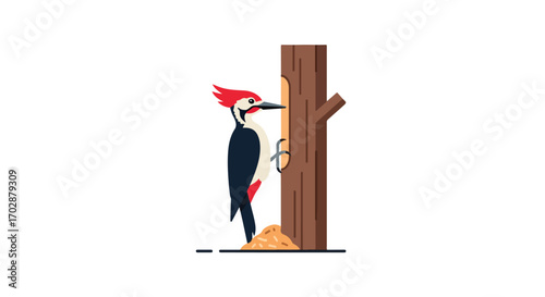 Woodpecker carving on a tree trunk with a flat minimalist style in isolated setting ideal for illustrations, and nature related designs