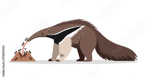 Cartoon Anteater Feeding on Ants from a Mound with its Long Tongue in a Flat Vector Illustration Style