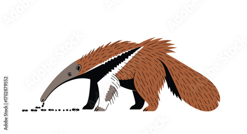 Stylized anteater illustration devouring ants, playful animal design for children's books and educational content, isolated against a clean white