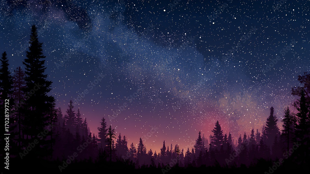 Naklejka premium Magical Starry Night Forest Landscape - Peaceful Twilight Sky with Silhouetted Trees
