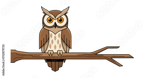 Stylized owl perched on a branch, illustration of nocturnal bird sitting serenely on a limb with its characteristic features