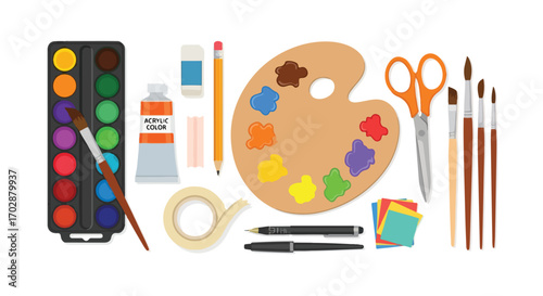 Diverse artistic tools for creative endeavors arranged for painting and crafting purposes illustration