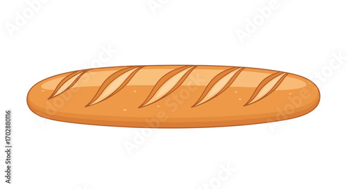Cartoon illustration of a crusty baguette with diagonal scoring patterns over a white background, perfect for culinary themed
