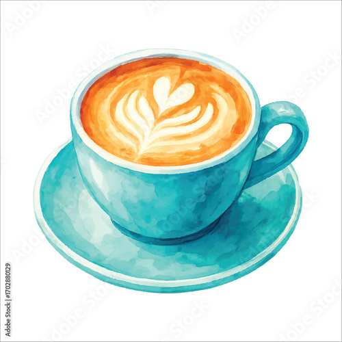 Watercolor Coffee Cup with Latte Art in Blue Mug