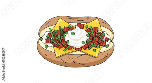 Illustration of loaded baked potato showcasing toppings such as cheese, bacon, chives, and sour cream for a delicious food concept