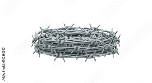 Coiled barbed wire on a white backdrop providing a stark visual, conveying themes of restriction and security within its textured form