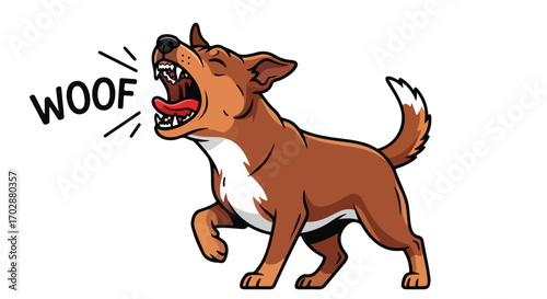 Cartoon dog barks loudly with mouth open, depicted through vector graphics with a visible 'WOOF' sound effect for illustrative purposes
