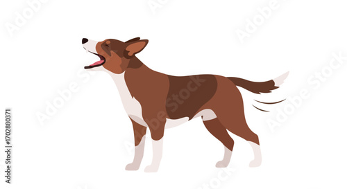 Animated brown and white dog barking with enthusiasm and wagging its tail on a clean background showcasing an expressive canine illustration