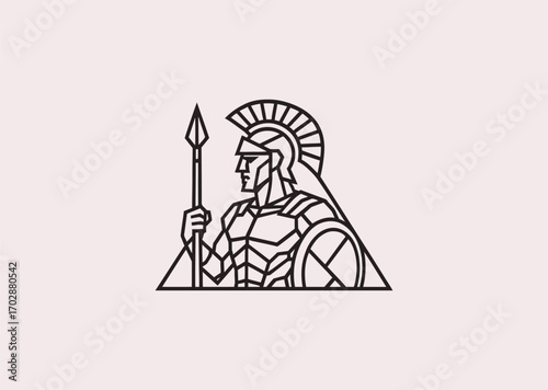 A geometric line art logo of Ares, god of war, symbolizing strength, power, strategy, and determination