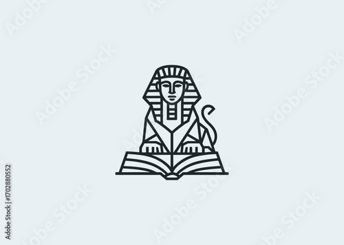 A geometric line art logo of a Sphinx with a wisdom book, symbolizing knowledge, enigma, intellect, and myth