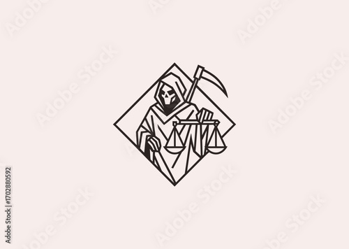 A geometric line art logo of the Grim Reaper holding scales of justice, symbolizing fate, balance, mortality, and judgment