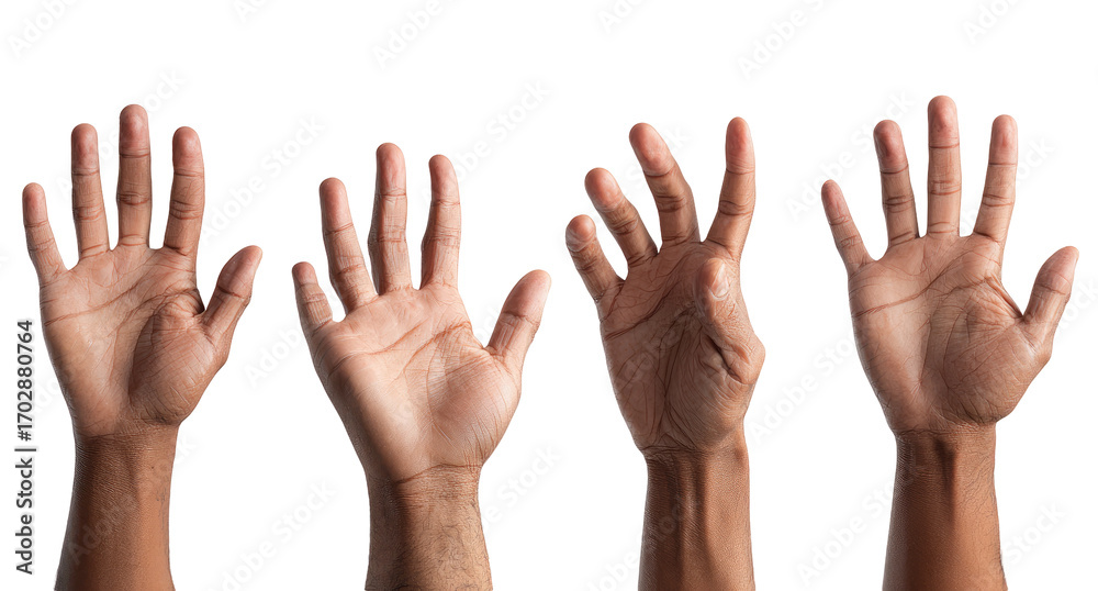 Obraz premium Four diverse hands raised, palms facing forward