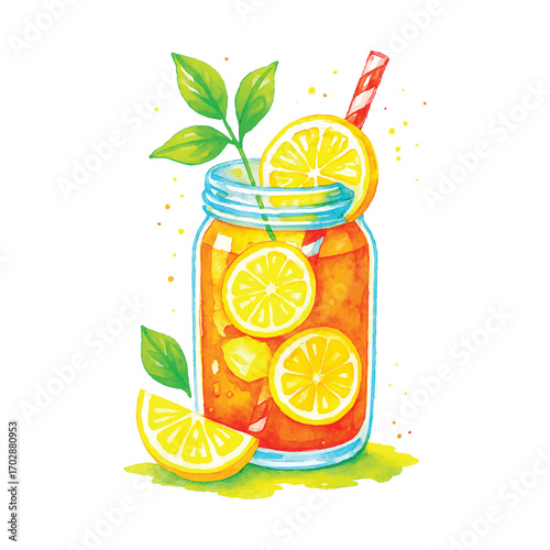 Watercolor Lemon Iced Tea in Mason Jar with Fresh Citrus and Leaves