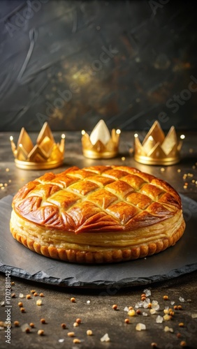 Traditional French Epiphany cake on black slate background with golden glaze and sprinkles