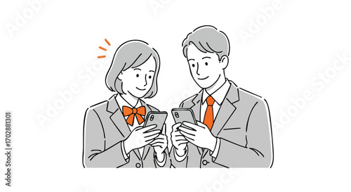 Young professionals share exciting digital content on smartphones with smiles, celebrating modern connectivity and collaboration