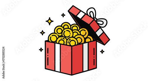 Open gift box overflowing with gold coins and shining stars for celebration and rewards