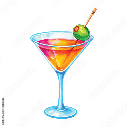 Watercolor Martini Cocktail with Olive in Glass