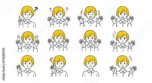 Expressive woman shows a range of emotions and reactions, perfect for communication and business concepts