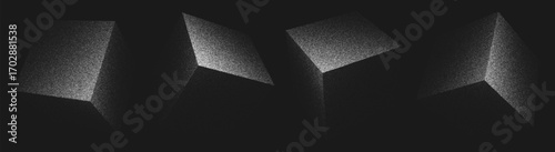 Set of cubes with sharp edges and stippling texture. Dotted noise surface creates light and shadow. Minimalistic and elegant shapes in dark space. Pointillism. Noisy grainy shading using dots. Vector