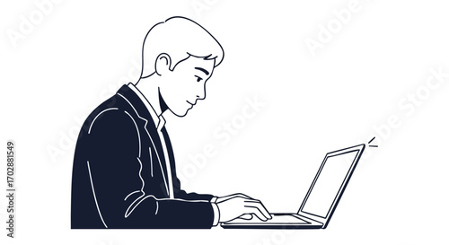 Focused businessman diligently working on laptop in a modern professional setting