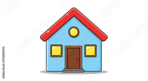 Simple Blue House Illustration with Red Roof and Yellow Windows
