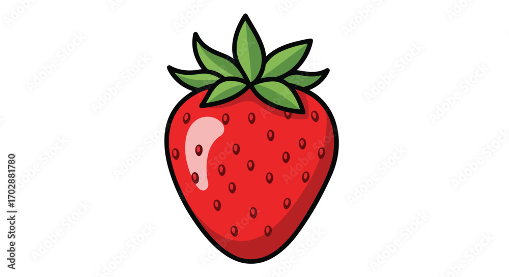 Fototapeta premium Vibrant strawberry vector illustration with detailed seeds and vibrant green leaves on white backdrop