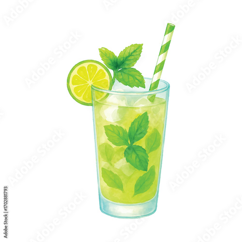Watercolor Mojito Cocktail with Lime and Mint