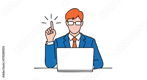 Smart professional with glasses points finger up, idea sparks while working on laptop
