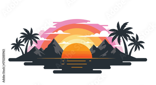Stylized tropical island landscape at sunset with palm trees and layered colorful sky design