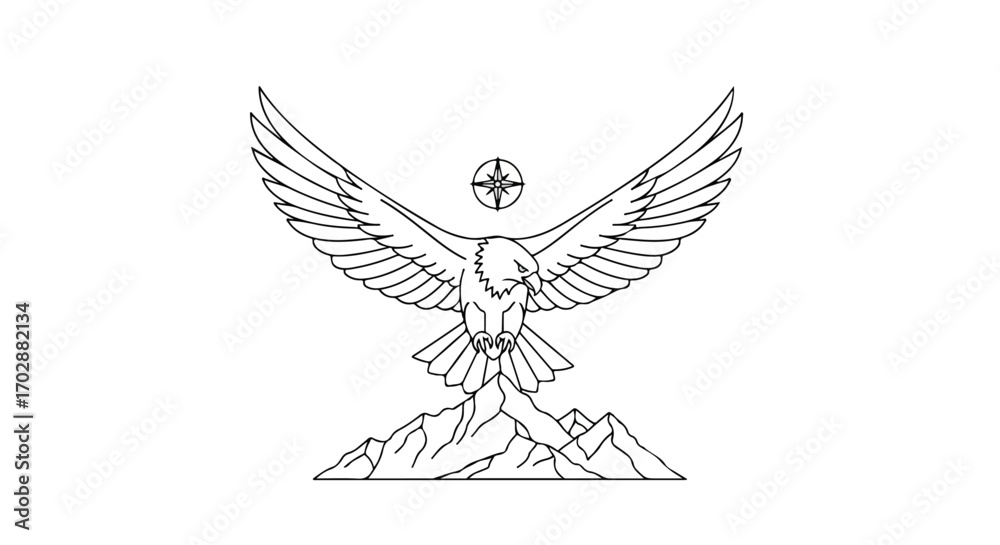 Obraz premium Eagle soaring above mountain peaks, guiding light illuminating journey, symbolic representation of freedom and adventure cresting majestic heights