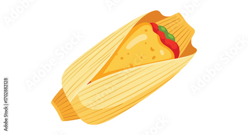 Vibrant illustration displaying a delightful tamale with savory filling in its corn husk wrap on a white background offering a sense of culinary